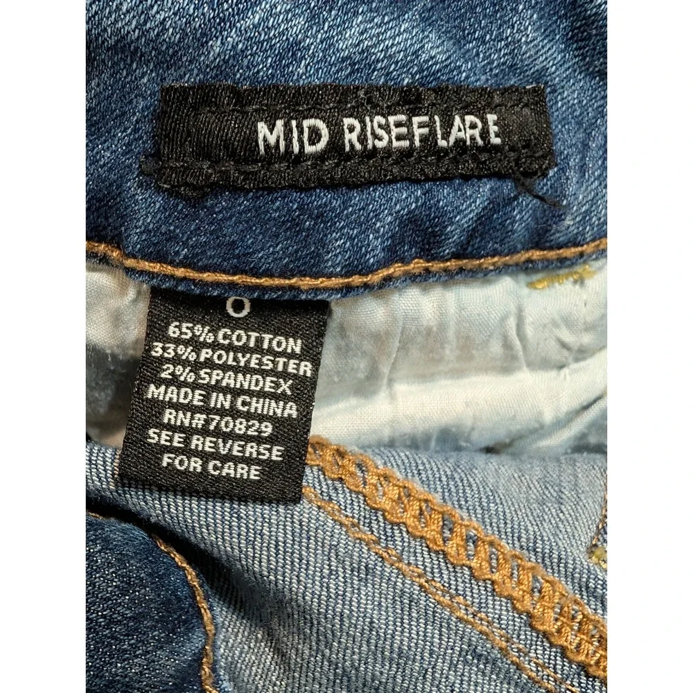 rue21 Womens Mid Rise Flare Jeans Blue Distressed Ripped Denim Size 0 RN70829